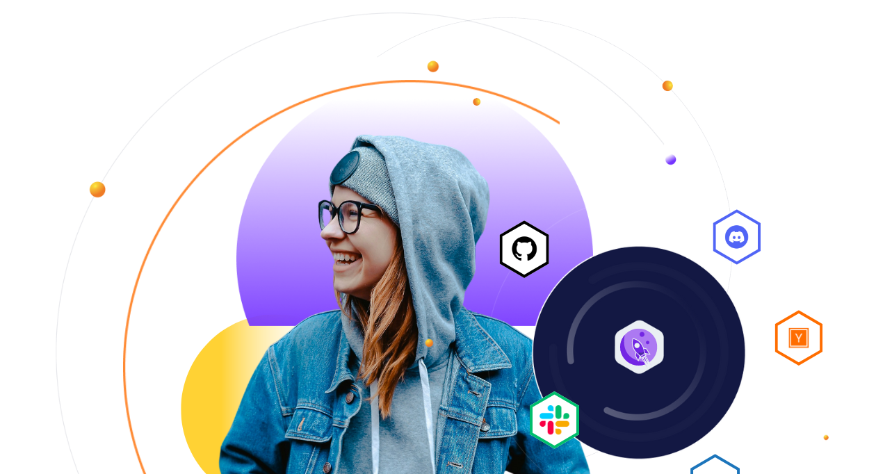 Young woman in a denim jacket and beanie smiling, surrounded by graphic icons related to technology like GitHub and Slack on a purple and orange background.
